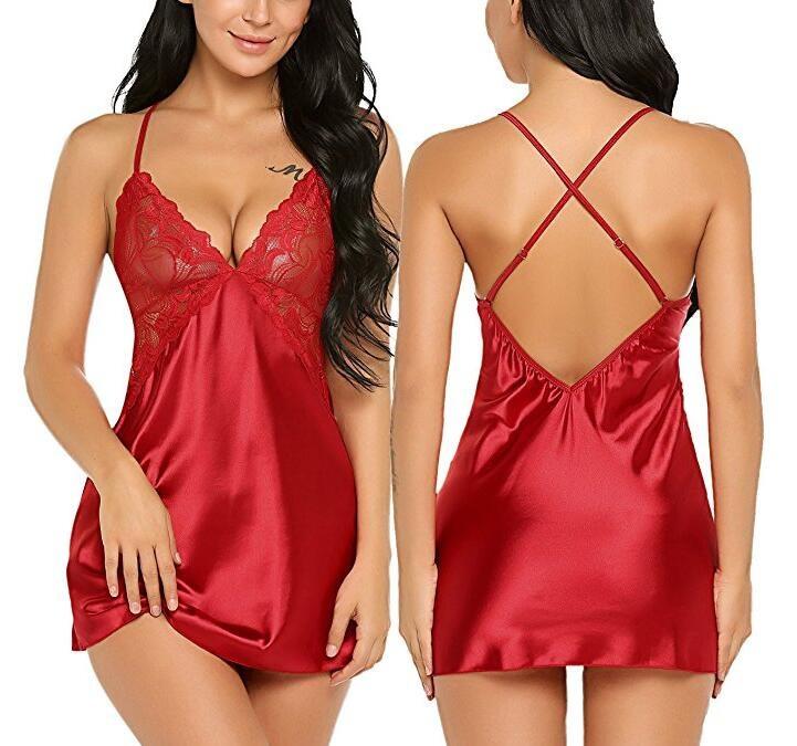 2018 Women Sexy Lingerie V Neck Nightwear Sex Satin Sleepwear Lace