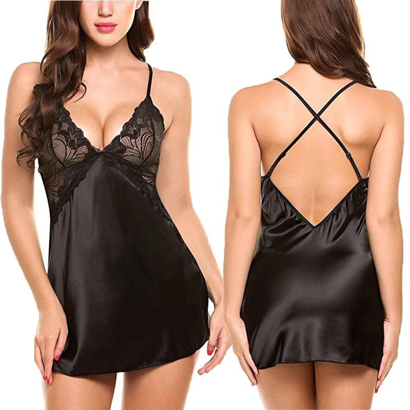 2018 Women Sexy Lingerie V Neck Nightwear Sex Satin Sleepwear Lace